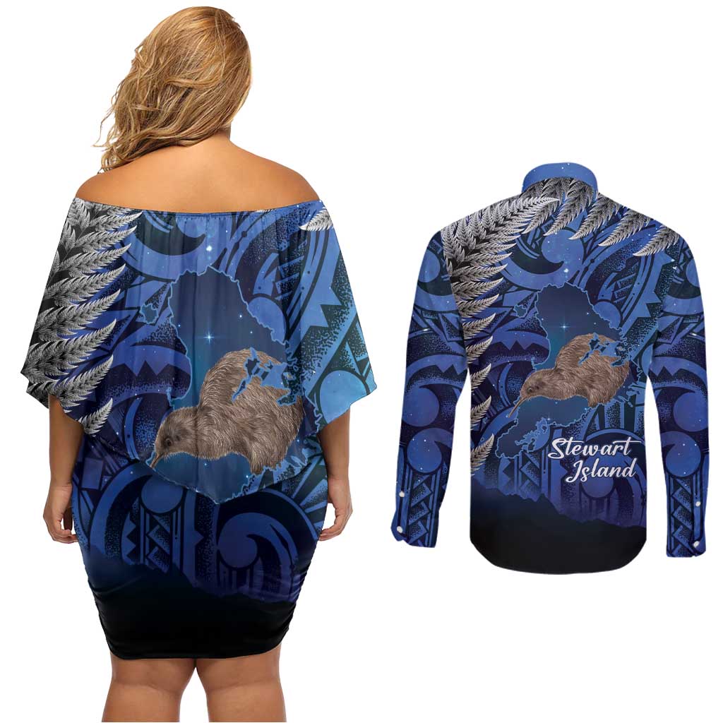 New Zealand Stewart Island Couples Matching Off Shoulder Short Dress and Long Sleeve Button Shirt Rakiura Kiwi Maori Glowing Sky LT14 - Polynesian Pride