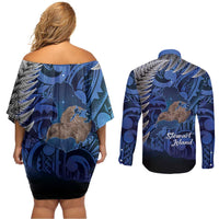 New Zealand Stewart Island Couples Matching Off Shoulder Short Dress and Long Sleeve Button Shirt Rakiura Kiwi Maori Glowing Sky LT14 - Polynesian Pride