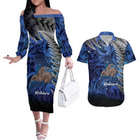 New Zealand Stewart Island Couples Matching Off The Shoulder Long Sleeve Dress and Hawaiian Shirt Rakiura Kiwi Maori Glowing Sky LT14 Blue - Polynesian Pride