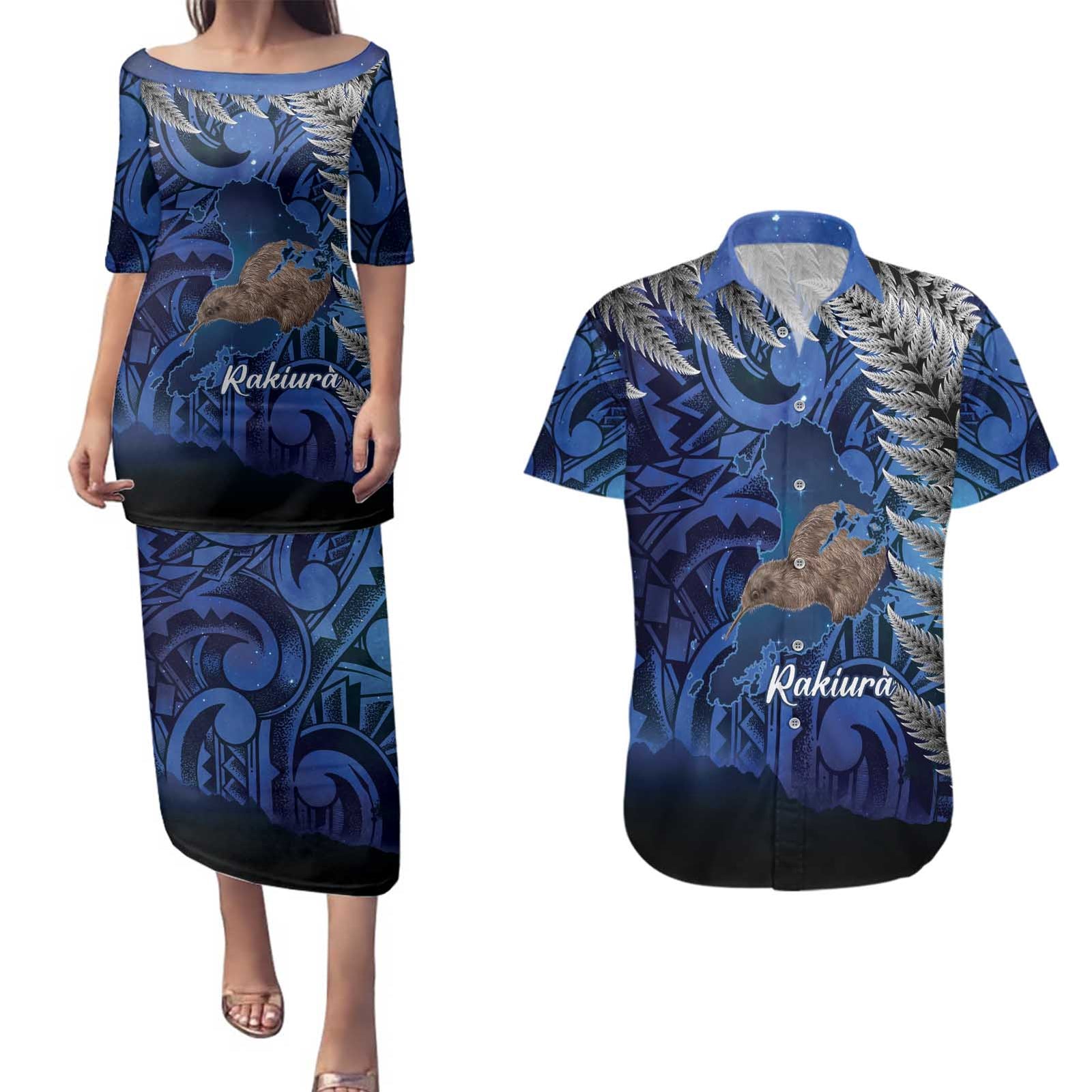 New Zealand Stewart Island Couples Matching Puletasi and Hawaiian Shirt Rakiura Kiwi Maori Glowing Sky LT14 Blue - Polynesian Pride