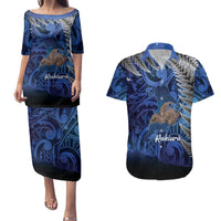 New Zealand Stewart Island Couples Matching Puletasi and Hawaiian Shirt Rakiura Kiwi Maori Glowing Sky LT14 Blue - Polynesian Pride