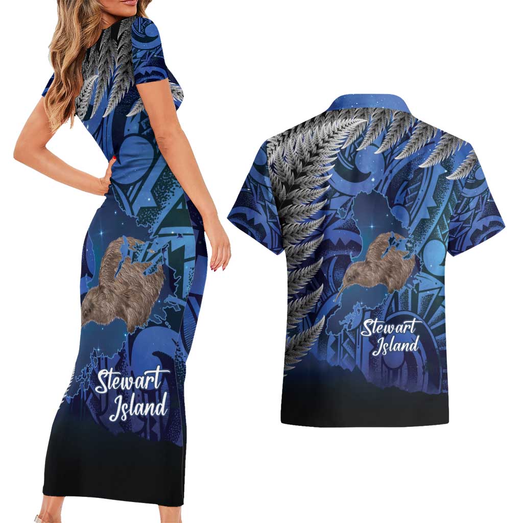 New Zealand Stewart Island Couples Matching Short Sleeve Bodycon Dress and Hawaiian Shirt Rakiura Kiwi Maori Glowing Sky LT14 - Polynesian Pride