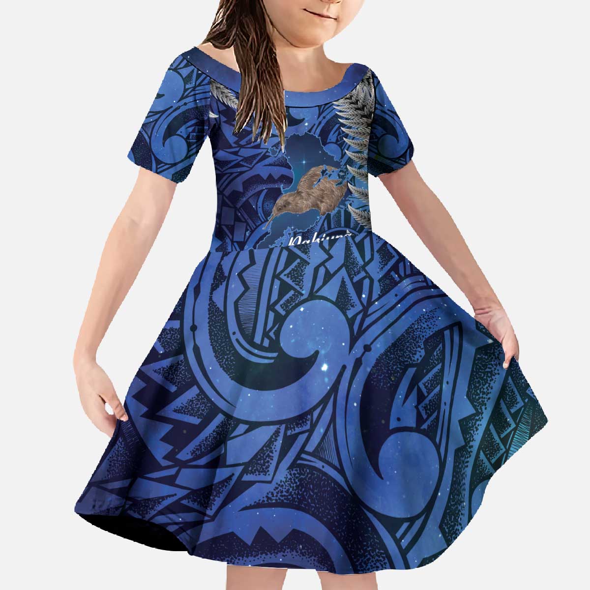 New Zealand Stewart Island Family Matching Off The Shoulder Long Sleeve Dress and Hawaiian Shirt Rakiura Kiwi Maori Glowing Sky LT14 Daughter's Dress Blue - Polynesian Pride