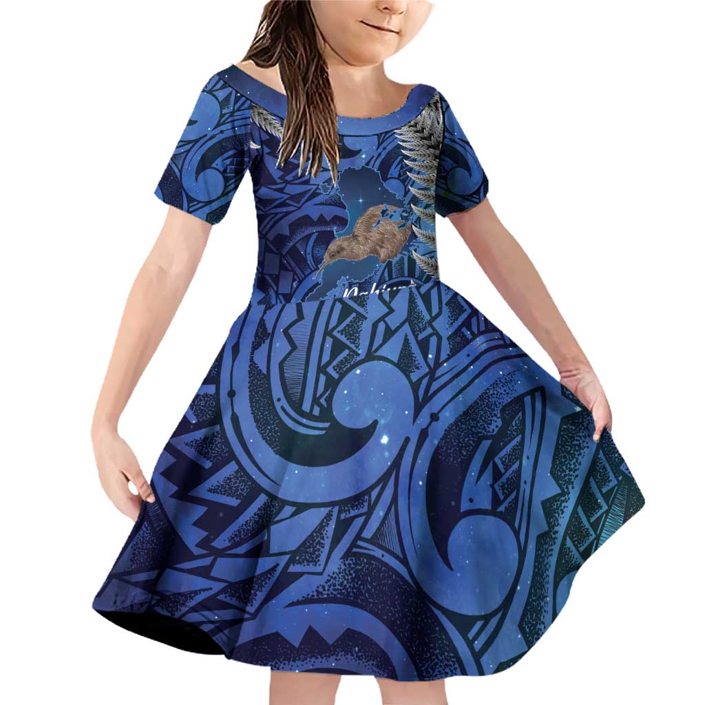 New Zealand Stewart Island Family Matching Off Shoulder Short Dress and Hawaiian Shirt Rakiura Kiwi Maori Glowing Sky LT14 Daughter's Dress Blue - Polynesian Pride