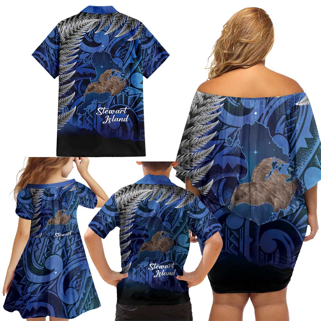 New Zealand Stewart Island Family Matching Off Shoulder Short Dress and Hawaiian Shirt Rakiura Kiwi Maori Glowing Sky LT14 - Polynesian Pride