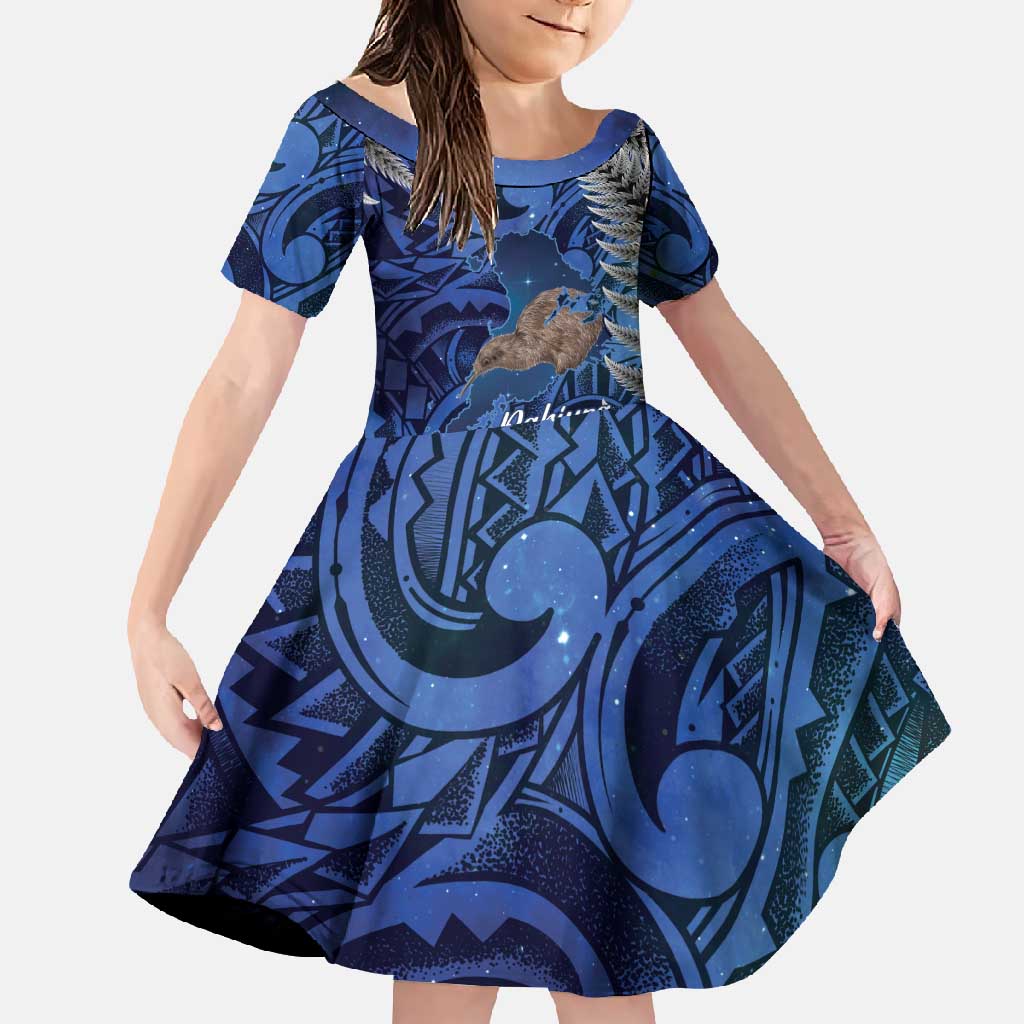 New Zealand Stewart Island Family Matching Summer Maxi Dress and Hawaiian Shirt Rakiura Kiwi Maori Glowing Sky LT14 Daughter's Dress Blue - Polynesian Pride