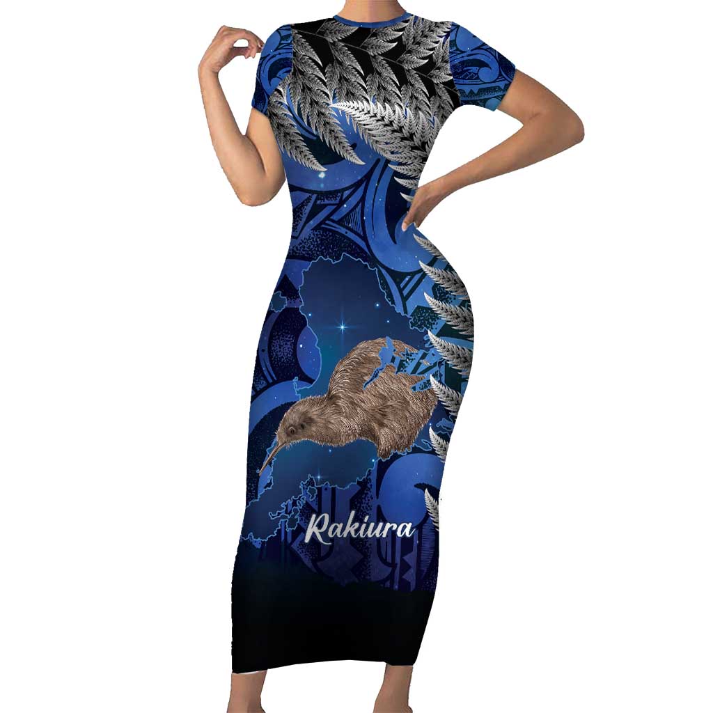 New Zealand Stewart Island Short Sleeve Bodycon Dress Rakiura Kiwi Maori Glowing Sky LT14 Long Dress Blue - Polynesian Pride