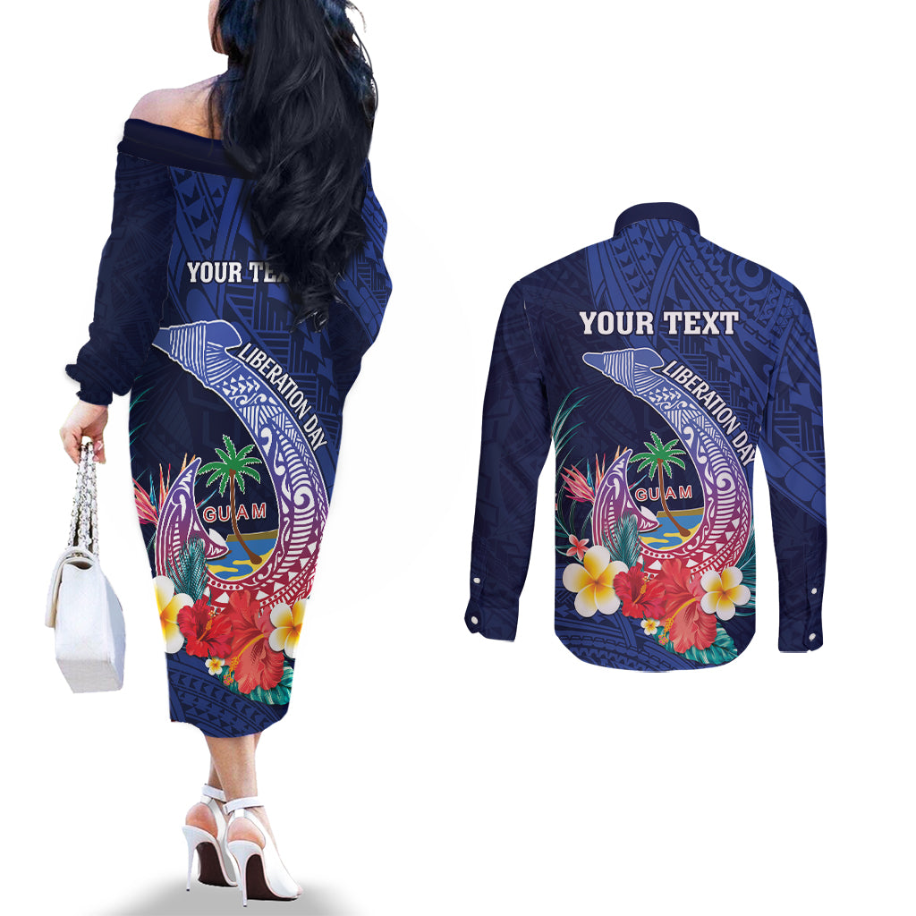 Personalised Guam Liberation Day Couples Matching Off The Shoulder Long Sleeve Dress and Long Sleeve Button Shirt Happy 80th Anniversary Fish Hook Mix Tropical Flowers