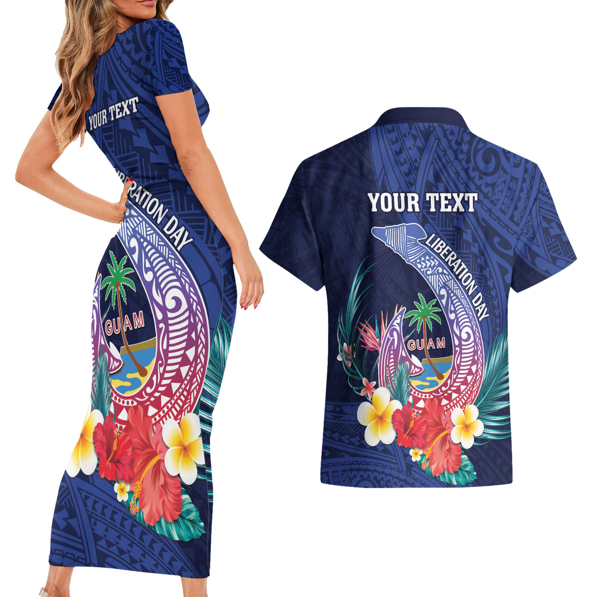 Personalised Guam Liberation Day Couples Matching Short Sleeve Bodycon Dress and Hawaiian Shirt Happy 80th Anniversary Fish Hook Mix Tropical Flowers LT14 - Polynesian Pride