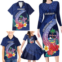 Personalised Guam Liberation Day Family Matching Long Sleeve Bodycon Dress and Hawaiian Shirt Happy 80th Anniversary Fish Hook Mix Tropical Flowers LT14 - Polynesian Pride