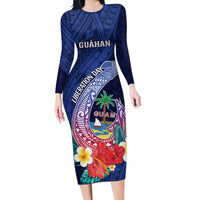 Personalised Guam Liberation Day Family Matching Long Sleeve Bodycon Dress and Hawaiian Shirt Happy 80th Anniversary Fish Hook Mix Tropical Flowers LT14 Mom's Dress Blue - Polynesian Pride