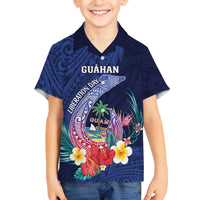 Personalised Guam Liberation Day Family Matching Off The Shoulder Long Sleeve Dress and Hawaiian Shirt Happy 80th Anniversary Fish Hook Mix Tropical Flowers LT14 Son's Shirt Blue - Polynesian Pride