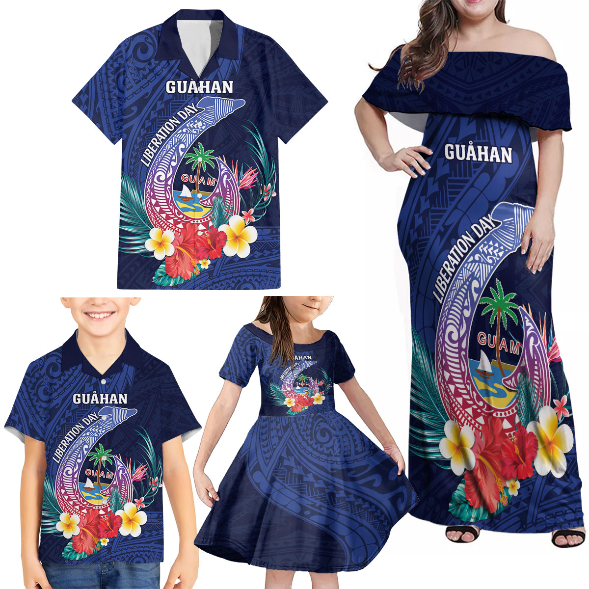 Personalised Guam Liberation Day Family Matching Off Shoulder Maxi Dress and Hawaiian Shirt Happy 80th Anniversary Fish Hook Mix Tropical Flowers LT14 - Polynesian Pride
