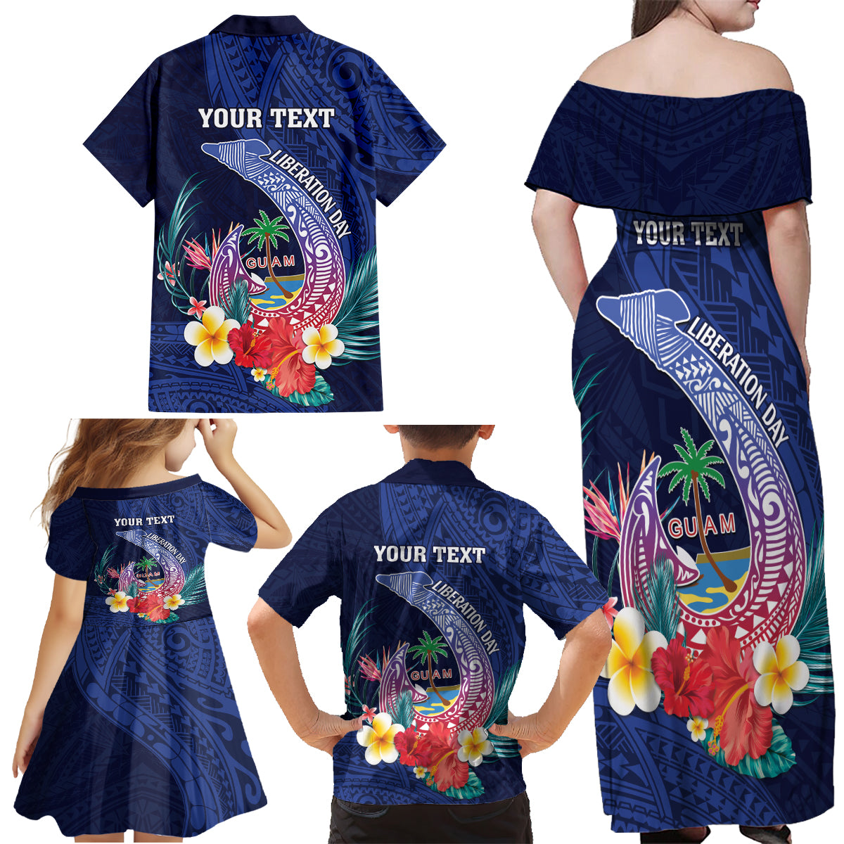Personalised Guam Liberation Day Family Matching Off Shoulder Maxi Dress and Hawaiian Shirt Happy 80th Anniversary Fish Hook Mix Tropical Flowers LT14 - Polynesian Pride