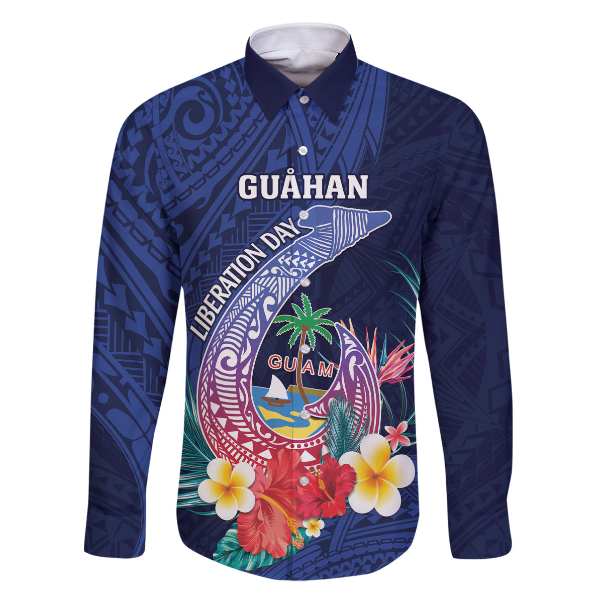 Personalised Guam Liberation Day Family Matching Off Shoulder Maxi Dress and Hawaiian Shirt Happy 80th Anniversary Fish Hook Mix Tropical Flowers LT14 Dad's Shirt - Long Sleeve Blue - Polynesian Pride