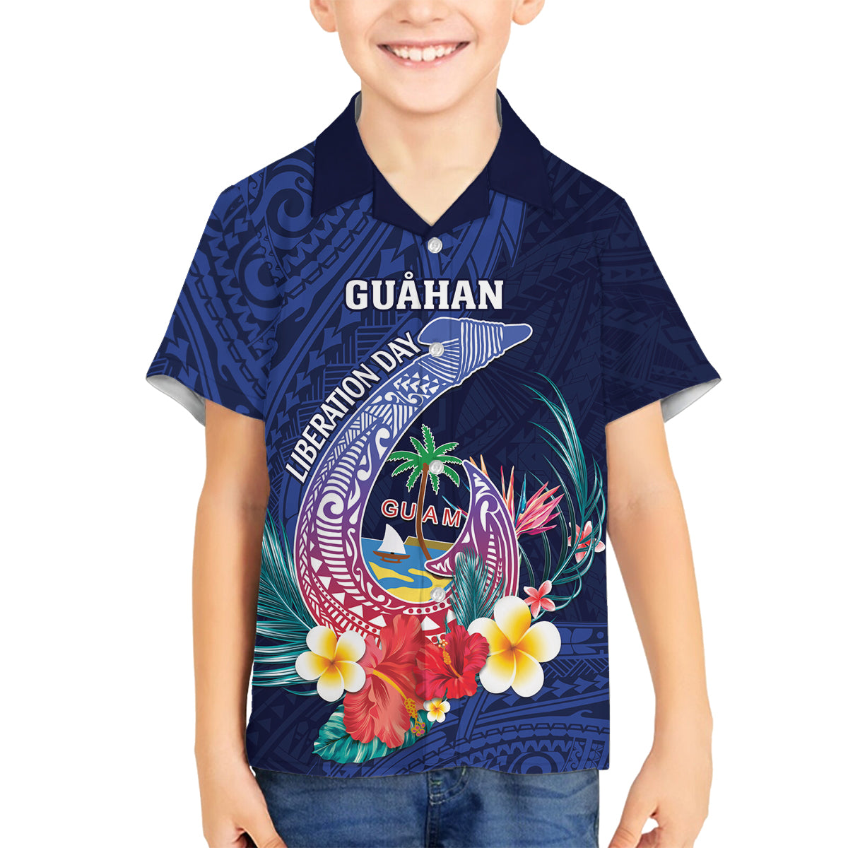 Personalised Guam Liberation Day Family Matching Off Shoulder Short Dress and Hawaiian Shirt Happy 80th Anniversary Fish Hook Mix Tropical Flowers LT14 Son's Shirt Blue - Polynesian Pride