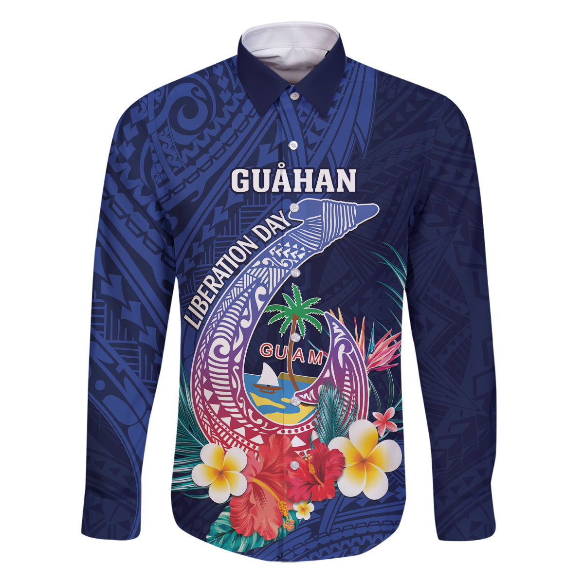 Personalised Guam Liberation Day Family Matching Puletasi and Hawaiian Shirt Happy 80th Anniversary Fish Hook Mix Tropical Flowers LT14 Dad's Shirt - Long Sleeve Blue - Polynesian Pride