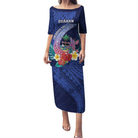 Personalised Guam Liberation Day Family Matching Puletasi and Hawaiian Shirt Happy 80th Anniversary Fish Hook Mix Tropical Flowers LT14 Mom's Dress Blue - Polynesian Pride
