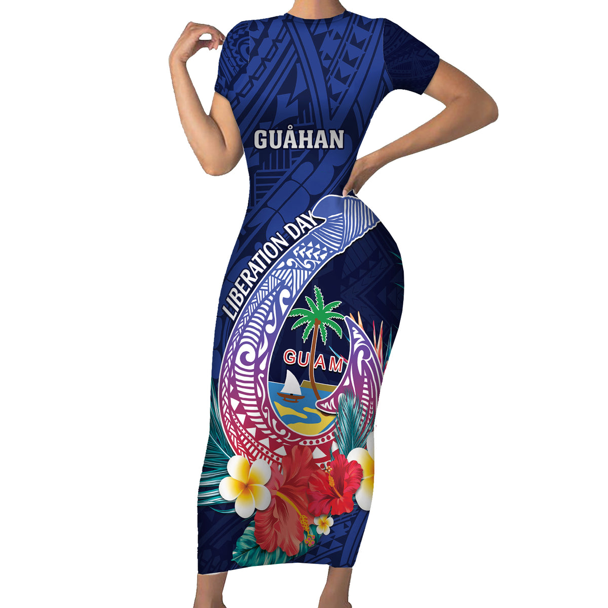 Personalised Guam Liberation Day Family Matching Short Sleeve Bodycon Dress and Hawaiian Shirt Happy 80th Anniversary Fish Hook Mix Tropical Flowers