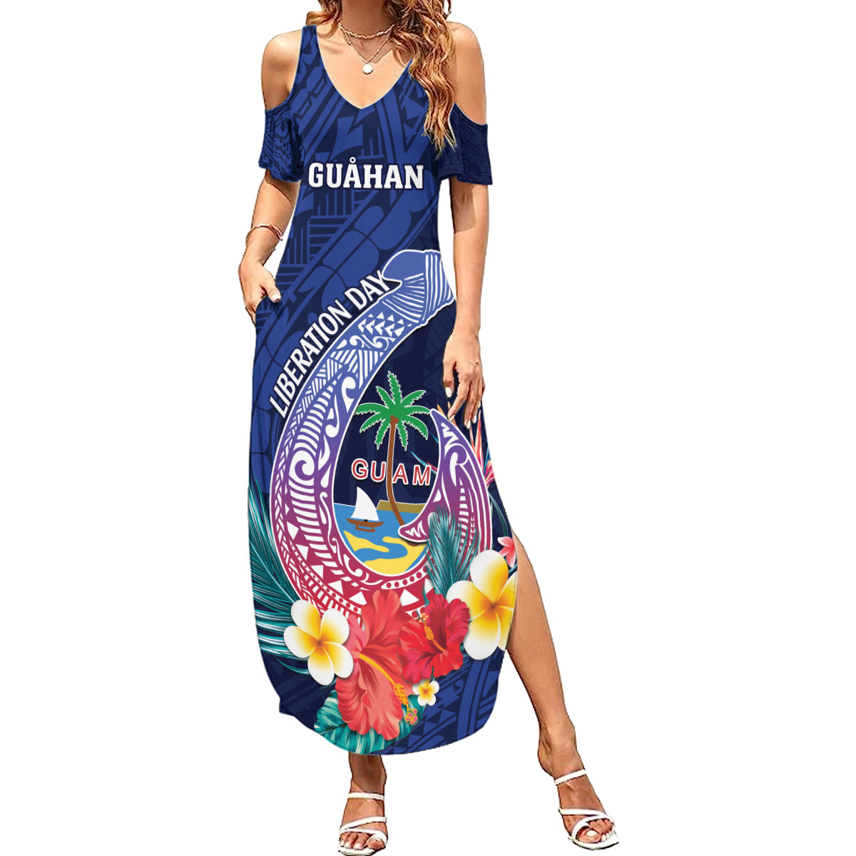 Personalised Guam Liberation Day Family Matching Summer Maxi Dress and Hawaiian Shirt Happy 80th Anniversary Fish Hook Mix Tropical Flowers