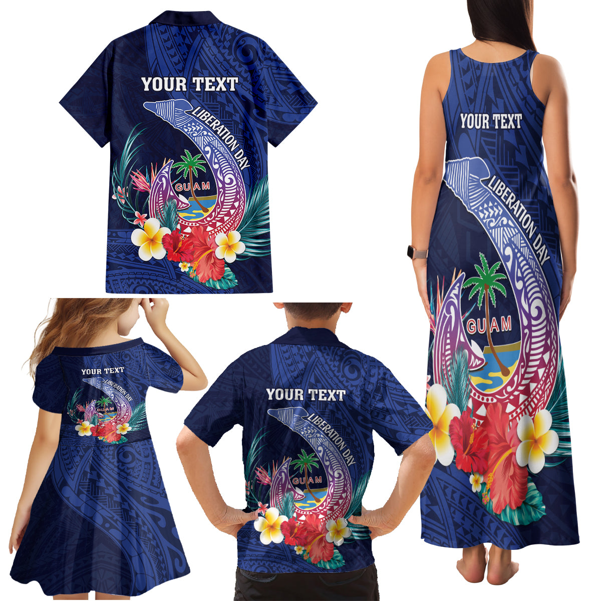 Personalised Guam Liberation Day Family Matching Tank Maxi Dress and Hawaiian Shirt Happy 80th Anniversary Fish Hook Mix Tropical Flowers LT14 - Polynesian Pride