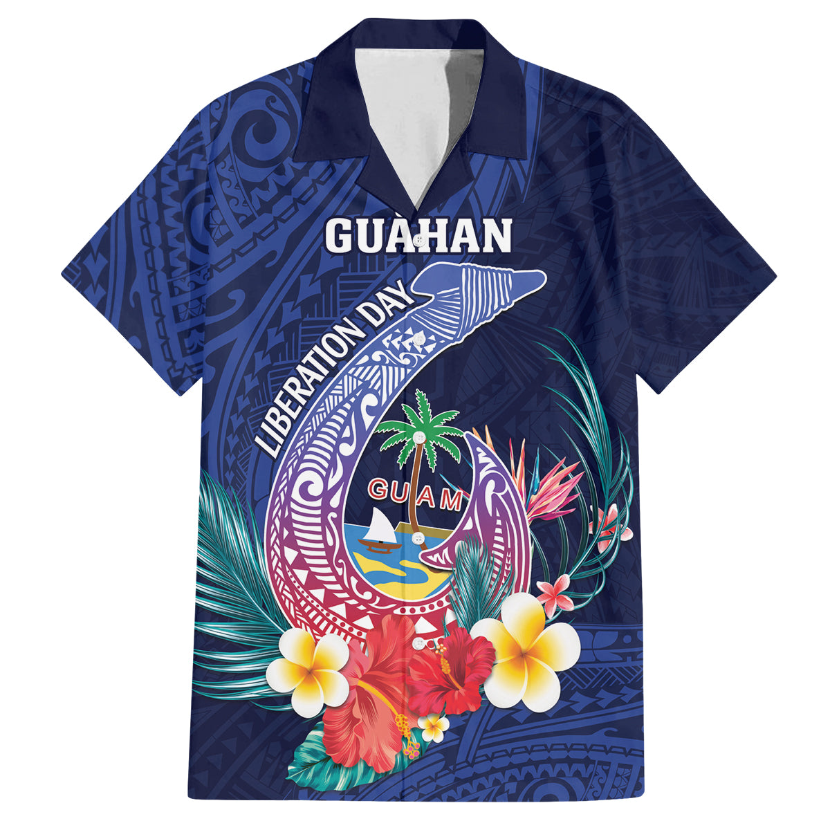 Personalised Guam Liberation Day Family Matching Tank Maxi Dress and Hawaiian Shirt Happy 80th Anniversary Fish Hook Mix Tropical Flowers LT14 Dad's Shirt - Short Sleeve Blue - Polynesian Pride