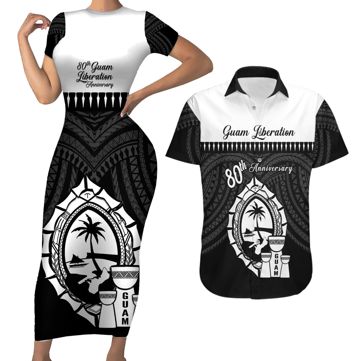 Guam Liberation Day Couples Matching Short Sleeve Bodycon Dress and Hawaiian Shirt Biba Guahan Chamorro 80th Anniversary - Black LT14 Black - Polynesian Pride