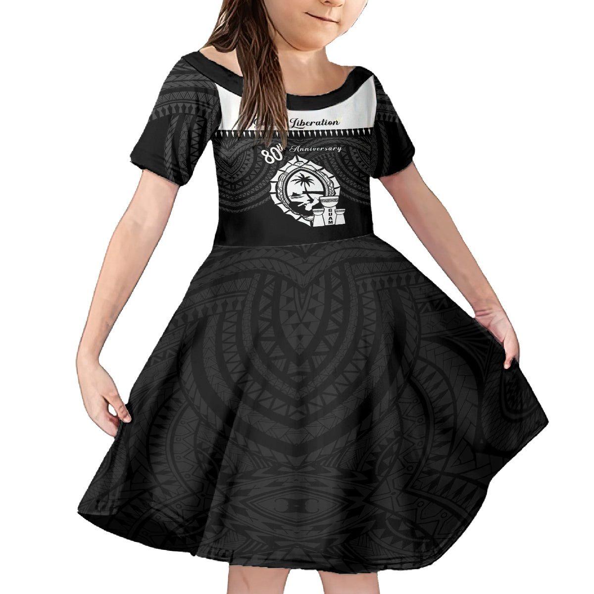 Guam Liberation Day Family Matching Long Sleeve Bodycon Dress and Hawaiian Shirt Biba Guahan Chamorro 80th Anniversary - Black LT14 Daughter's Dress Black - Polynesian Pride