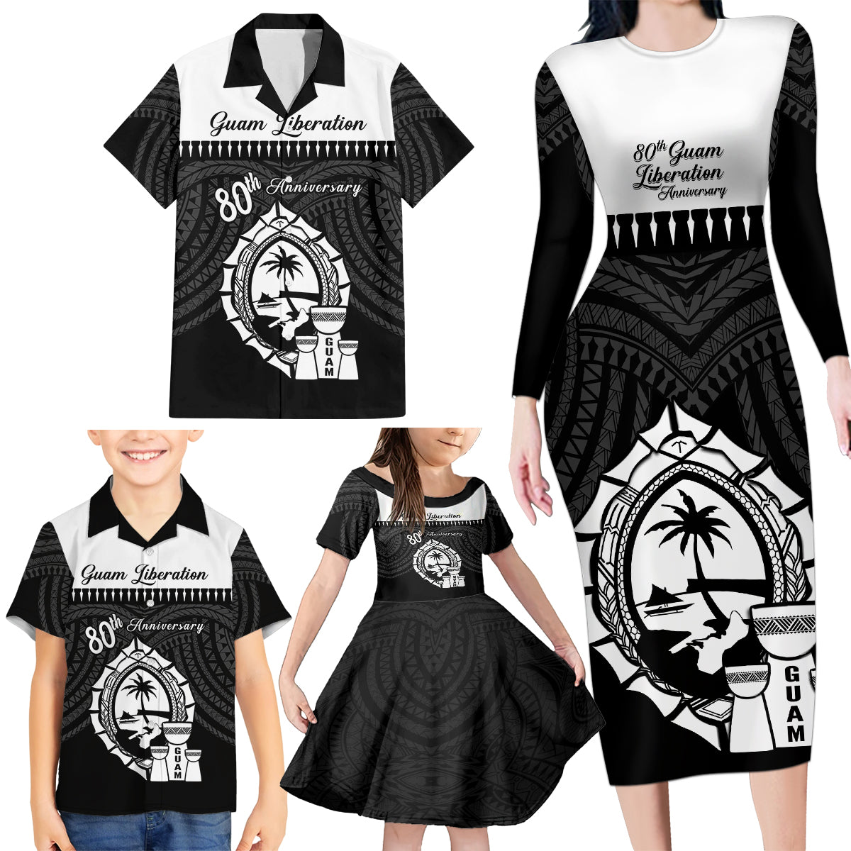 Guam Liberation Day Family Matching Long Sleeve Bodycon Dress and Hawaiian Shirt Biba Guahan Chamorro 80th Anniversary - Black LT14 - Polynesian Pride