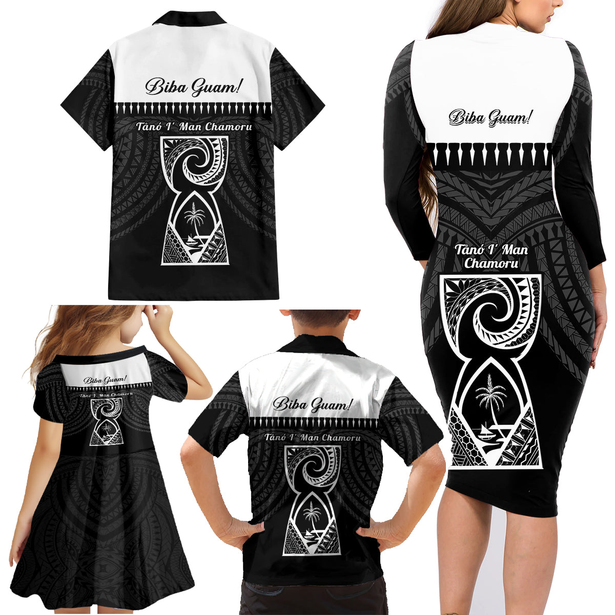 Guam Liberation Day Family Matching Long Sleeve Bodycon Dress and Hawaiian Shirt Biba Guahan Chamorro 80th Anniversary - Black LT14 - Polynesian Pride