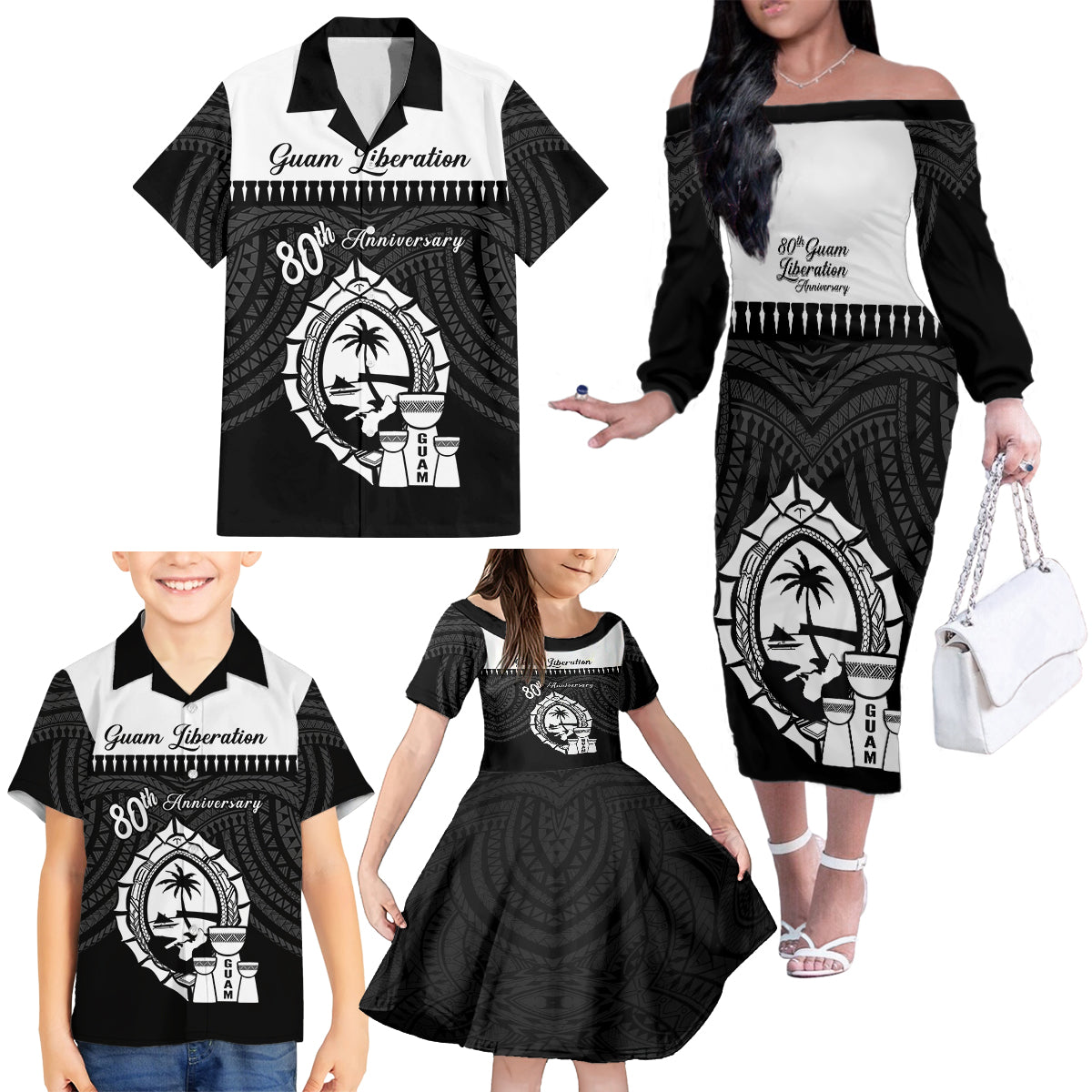 Guam Liberation Day Family Matching Off The Shoulder Long Sleeve Dress and Hawaiian Shirt Biba Guahan Chamorro 80th Anniversary - Black LT14 - Polynesian Pride