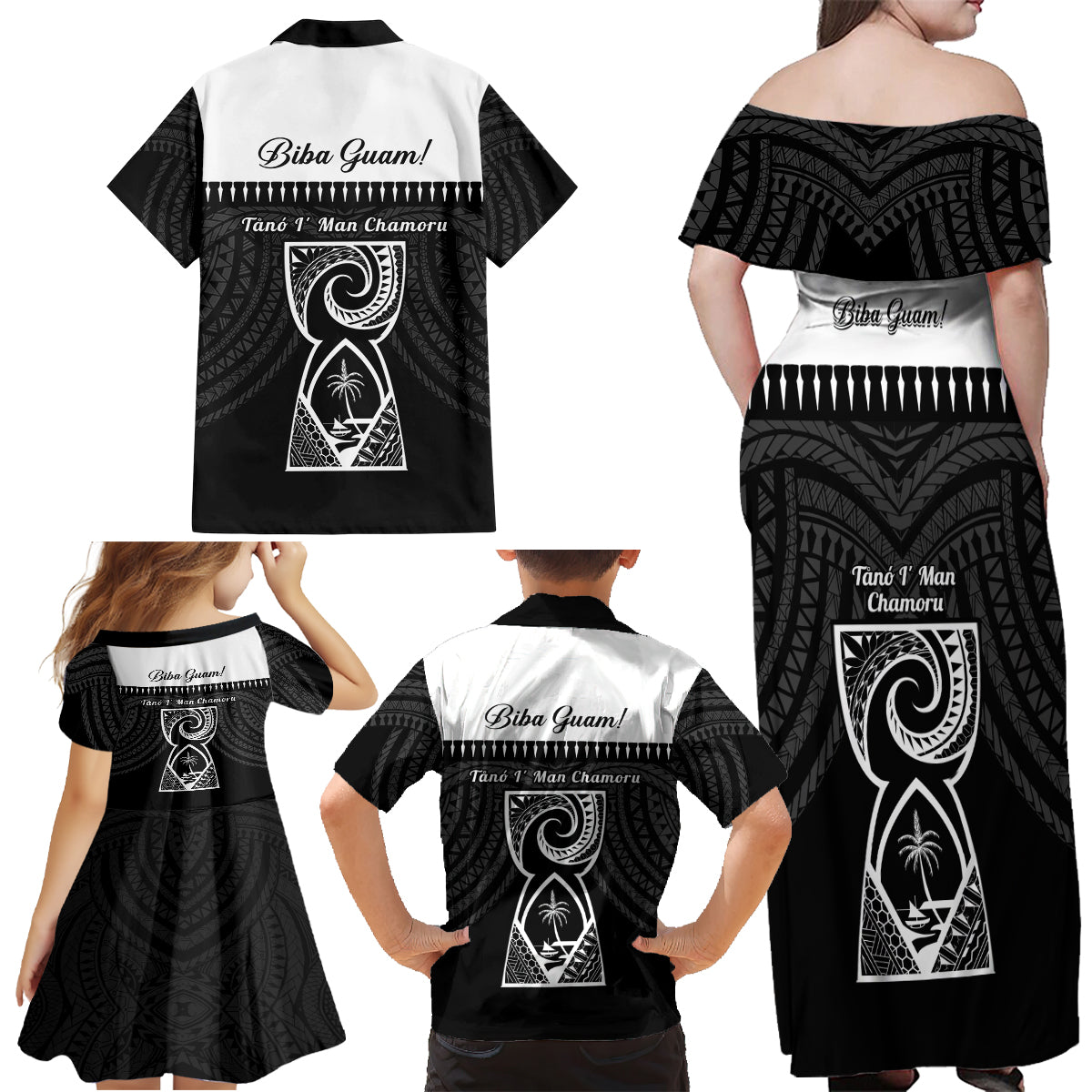 Guam Liberation Day Family Matching Off Shoulder Maxi Dress and Hawaiian Shirt Biba Guahan Chamorro 80th Anniversary - Black LT14 - Polynesian Pride