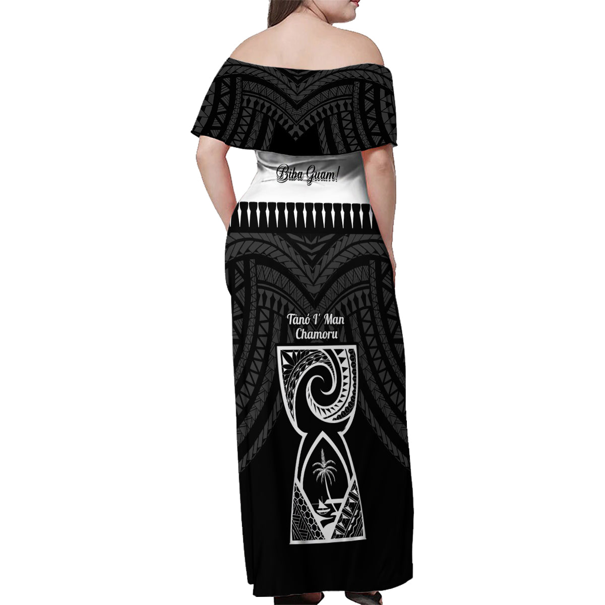Guam Liberation Day Family Matching Off Shoulder Maxi Dress and Hawaiian Shirt Biba Guahan Chamorro 80th Anniversary - Black LT14 - Polynesian Pride