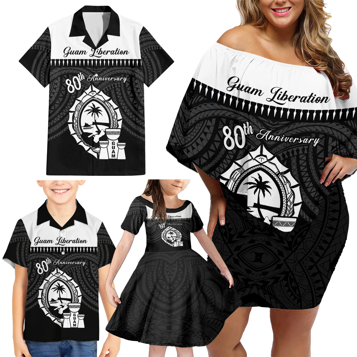 Guam Liberation Day Family Matching Off Shoulder Short Dress and Hawaiian Shirt Biba Guahan Chamorro 80th Anniversary - Black LT14 - Polynesian Pride