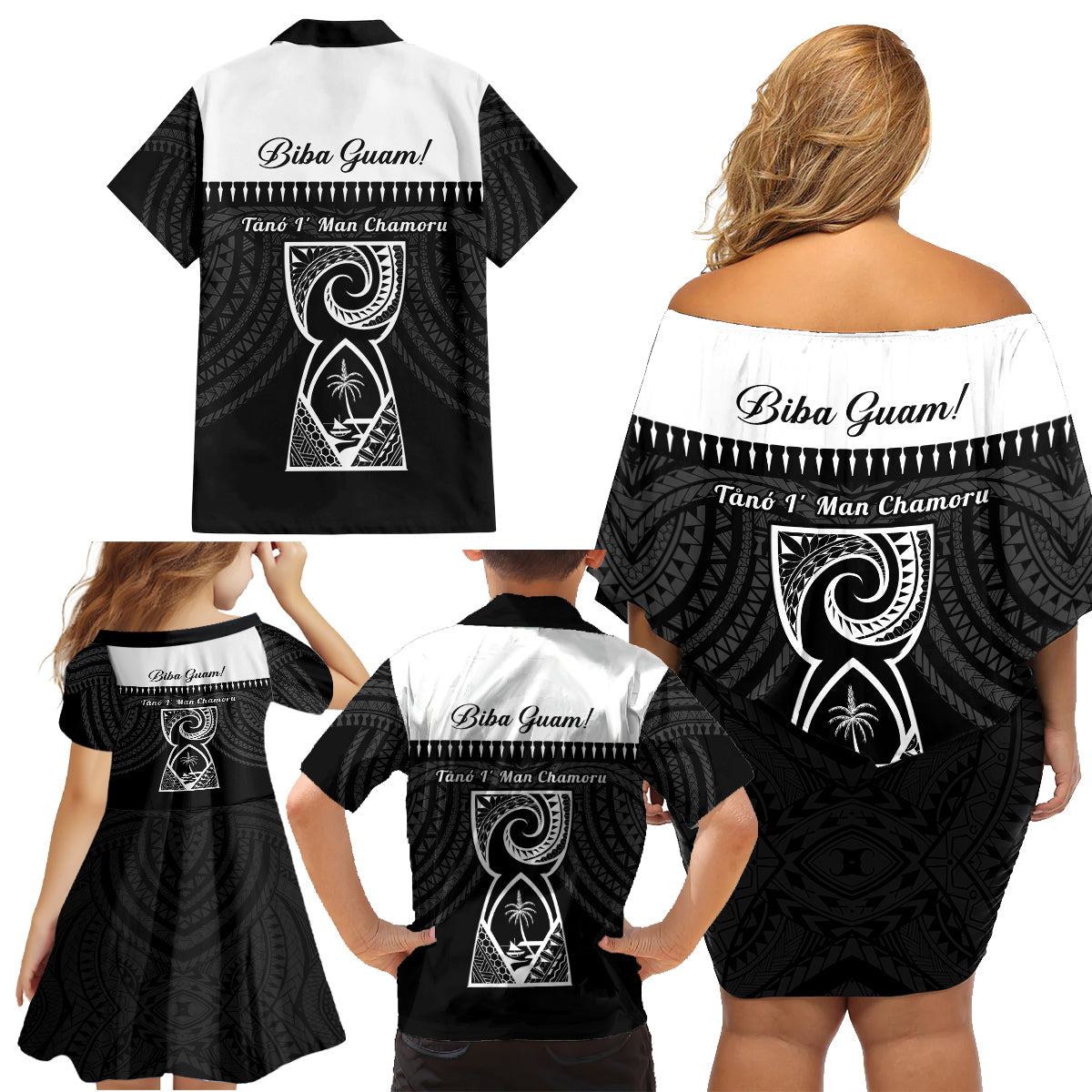 Guam Liberation Day Family Matching Off Shoulder Short Dress and Hawaiian Shirt Biba Guahan Chamorro 80th Anniversary - Black LT14 - Polynesian Pride