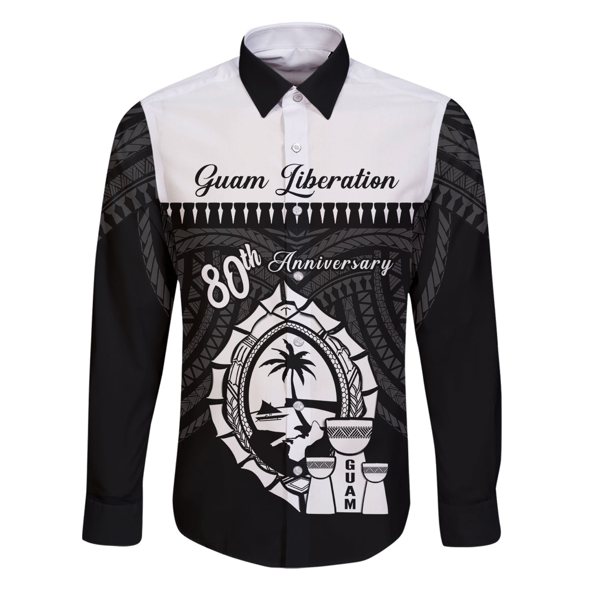 Guam Liberation Day Family Matching Off Shoulder Short Dress and Hawaiian Shirt Biba Guahan Chamorro 80th Anniversary - Black LT14 Dad's Shirt - Long Sleeve Black - Polynesian Pride