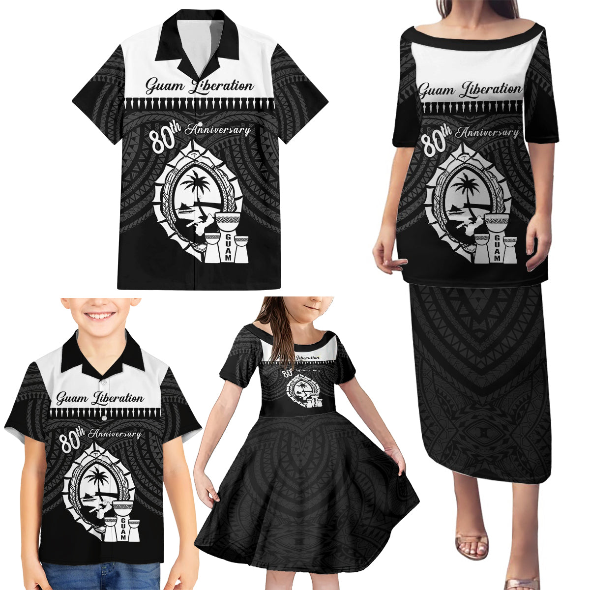 Guam Liberation Day Family Matching Puletasi and Hawaiian Shirt Biba Guahan Chamorro 80th Anniversary - Black LT14 - Polynesian Pride
