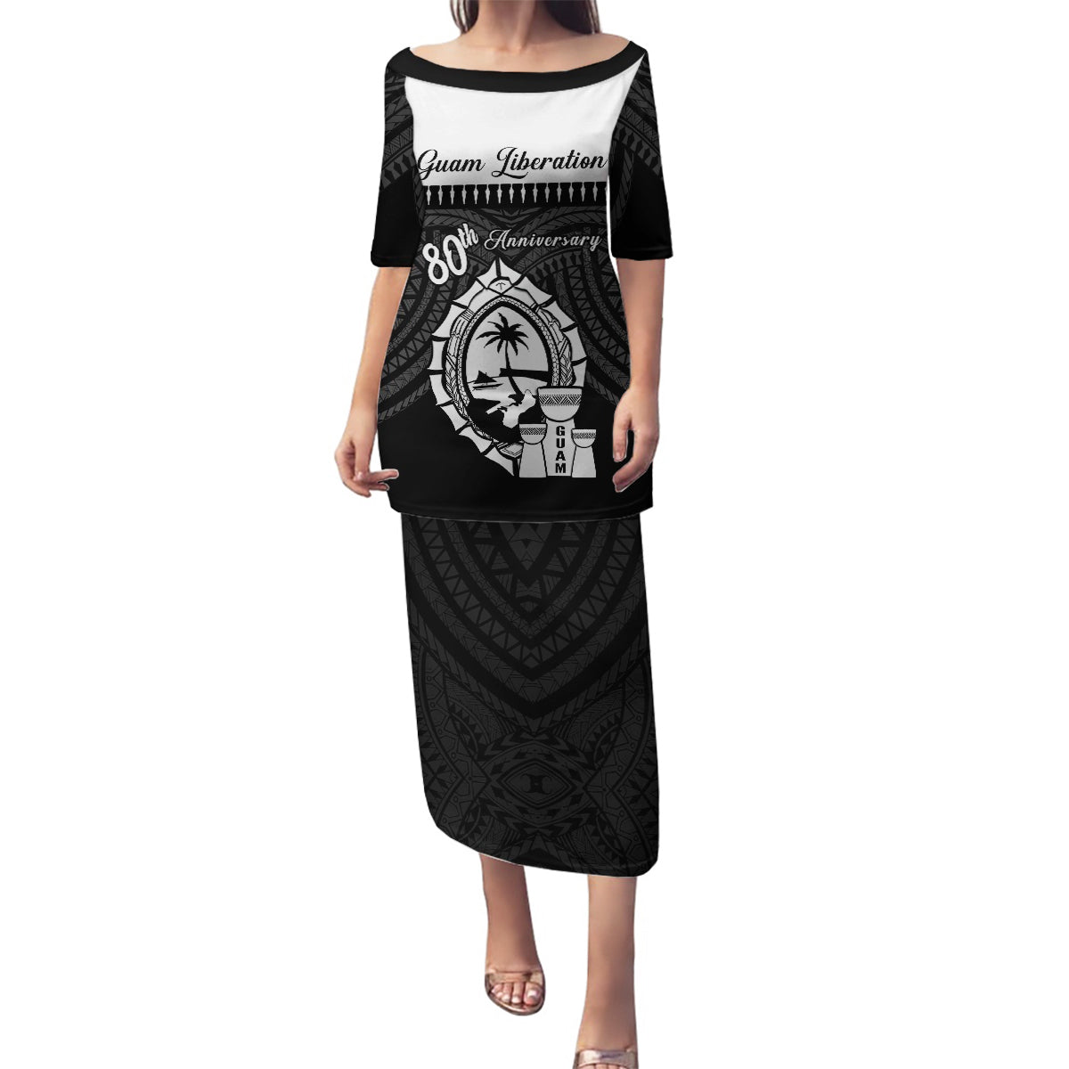 Guam Liberation Day Family Matching Puletasi and Hawaiian Shirt Biba Guahan Chamorro 80th Anniversary - Black LT14 Mom's Dress Black - Polynesian Pride