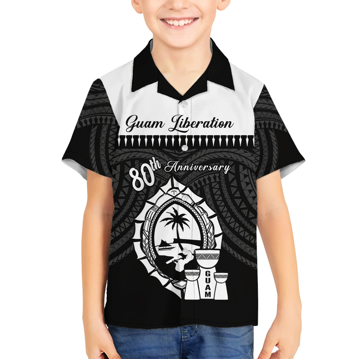 Guam Liberation Day Family Matching Puletasi and Hawaiian Shirt Biba Guahan Chamorro 80th Anniversary - Black LT14 Son's Shirt Black - Polynesian Pride