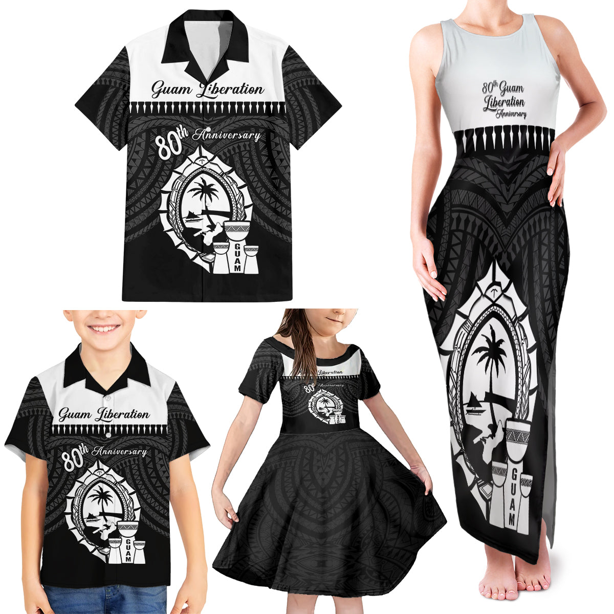 Guam Liberation Day Family Matching Tank Maxi Dress and Hawaiian Shirt Biba Guahan Chamorro 80th Anniversary - Black LT14 - Polynesian Pride