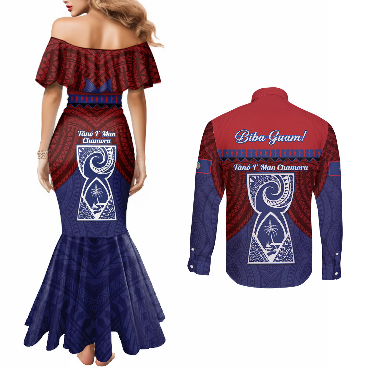 Guam Liberation Day Couples Matching Mermaid Dress and Long Sleeve Button Shirt Biba Guahan Chamorro 80th Anniversary - Blue
