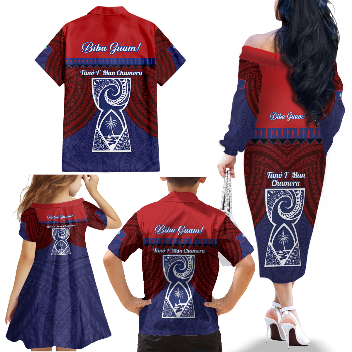 Guam Liberation Day Family Matching Off The Shoulder Long Sleeve Dress and Hawaiian Shirt Biba Guahan Chamorro 80th Anniversary - Blue LT14 - Polynesian Pride