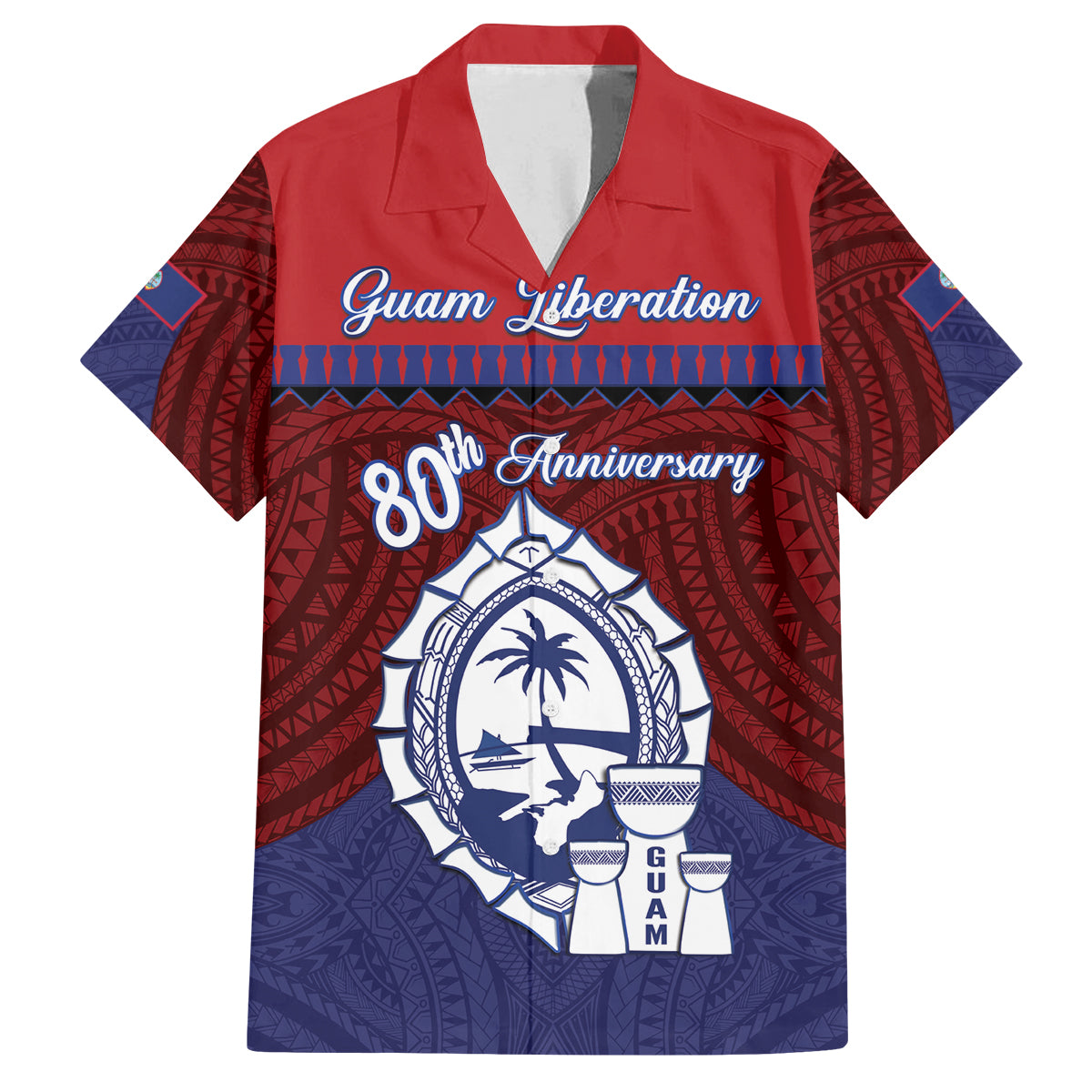 Guam Liberation Day Family Matching Off The Shoulder Long Sleeve Dress and Hawaiian Shirt Biba Guahan Chamorro 80th Anniversary - Blue LT14 Dad's Shirt - Short Sleeve Blue - Polynesian Pride