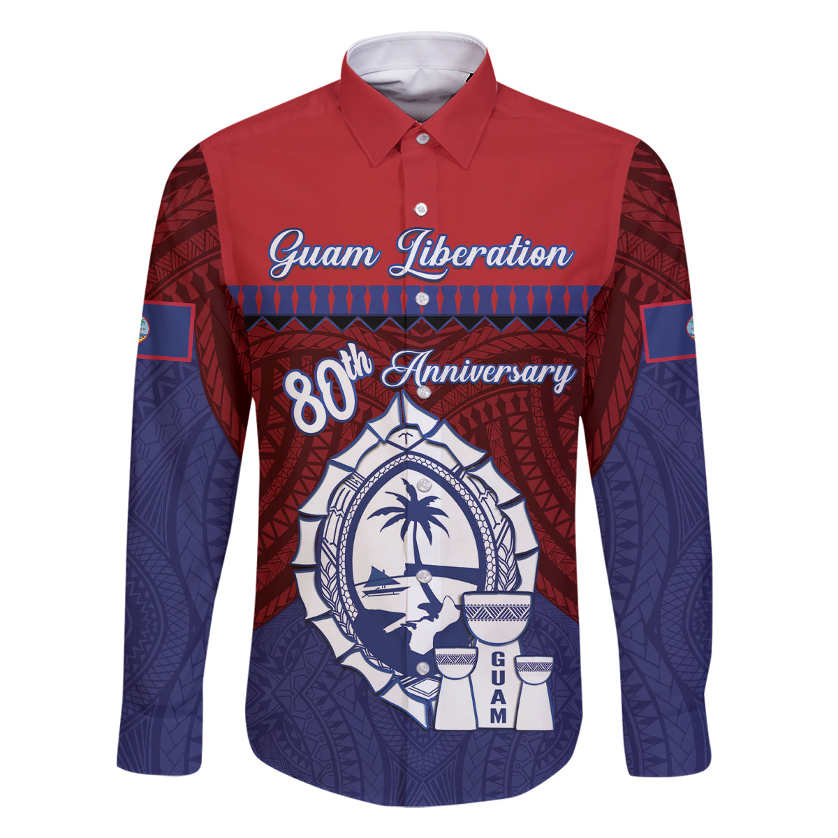 Guam Liberation Day Family Matching Off The Shoulder Long Sleeve Dress and Hawaiian Shirt Biba Guahan Chamorro 80th Anniversary - Blue LT14 Dad's Shirt - Long Sleeve Blue - Polynesian Pride