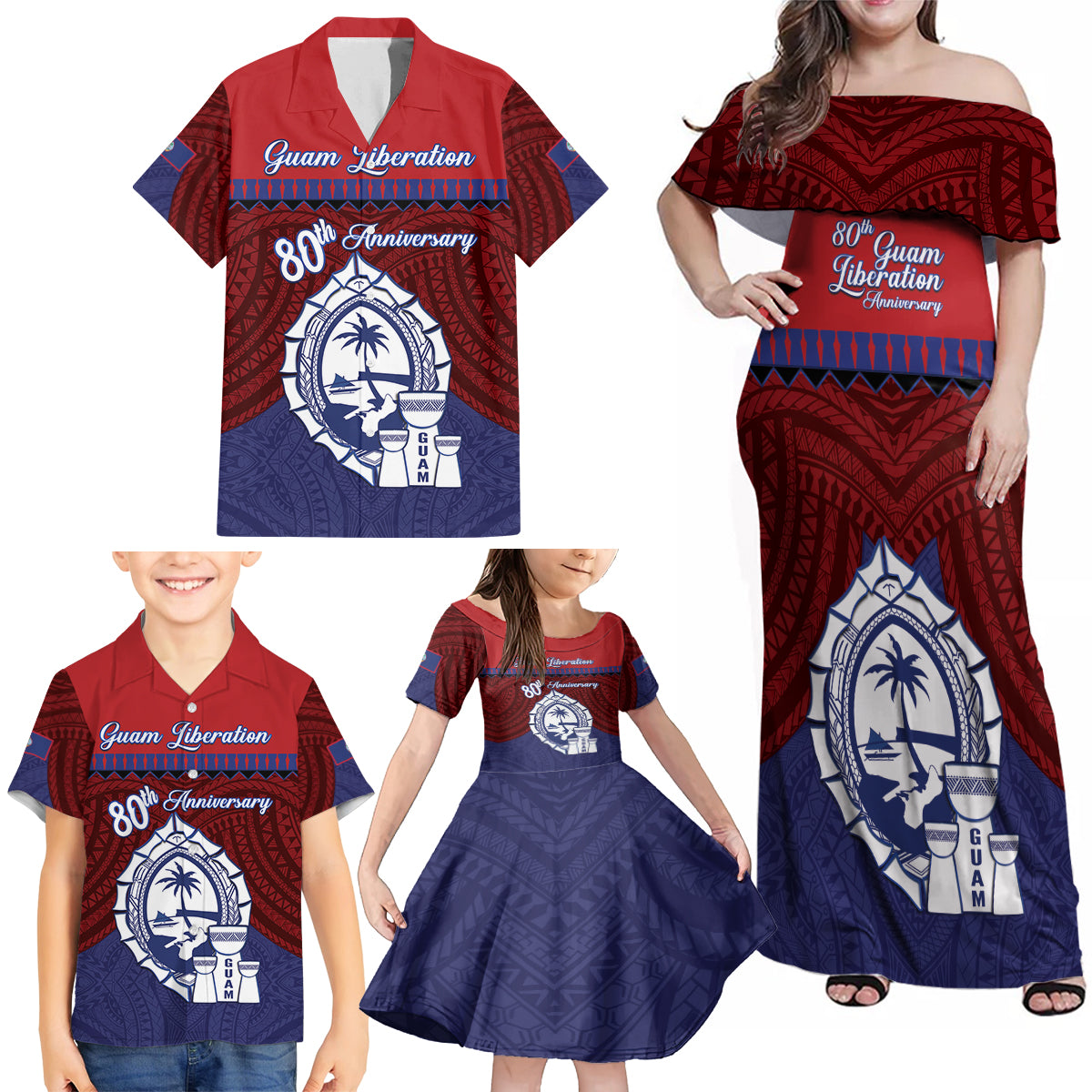 Guam Liberation Day Family Matching Off Shoulder Maxi Dress and Hawaiian Shirt Biba Guahan Chamorro 80th Anniversary - Blue LT14 - Polynesian Pride
