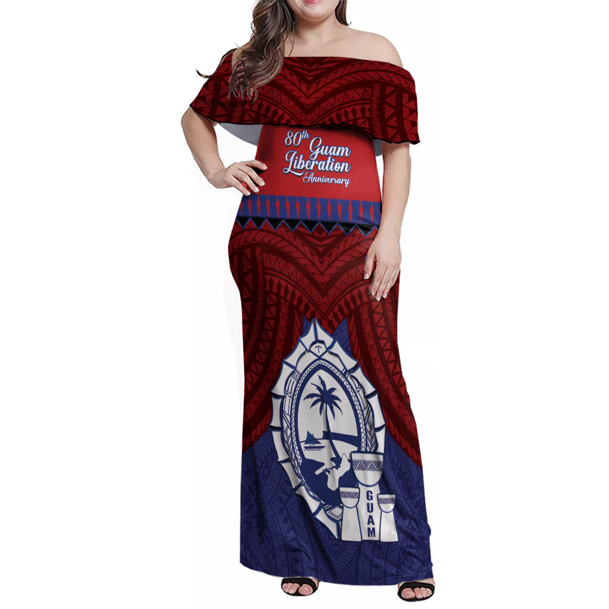 Guam Liberation Day Family Matching Off Shoulder Maxi Dress and Hawaiian Shirt Biba Guahan Chamorro 80th Anniversary - Blue LT14 Mom's Dress Blue - Polynesian Pride