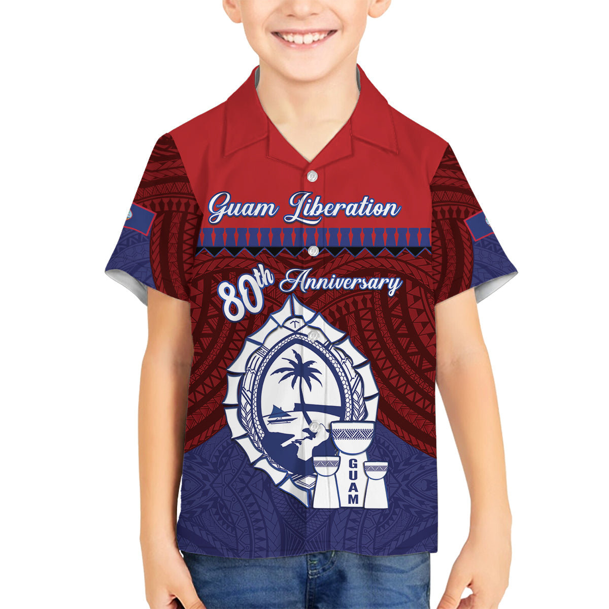 Guam Liberation Day Family Matching Off Shoulder Maxi Dress and Hawaiian Shirt Biba Guahan Chamorro 80th Anniversary - Blue LT14 Son's Shirt Blue - Polynesian Pride