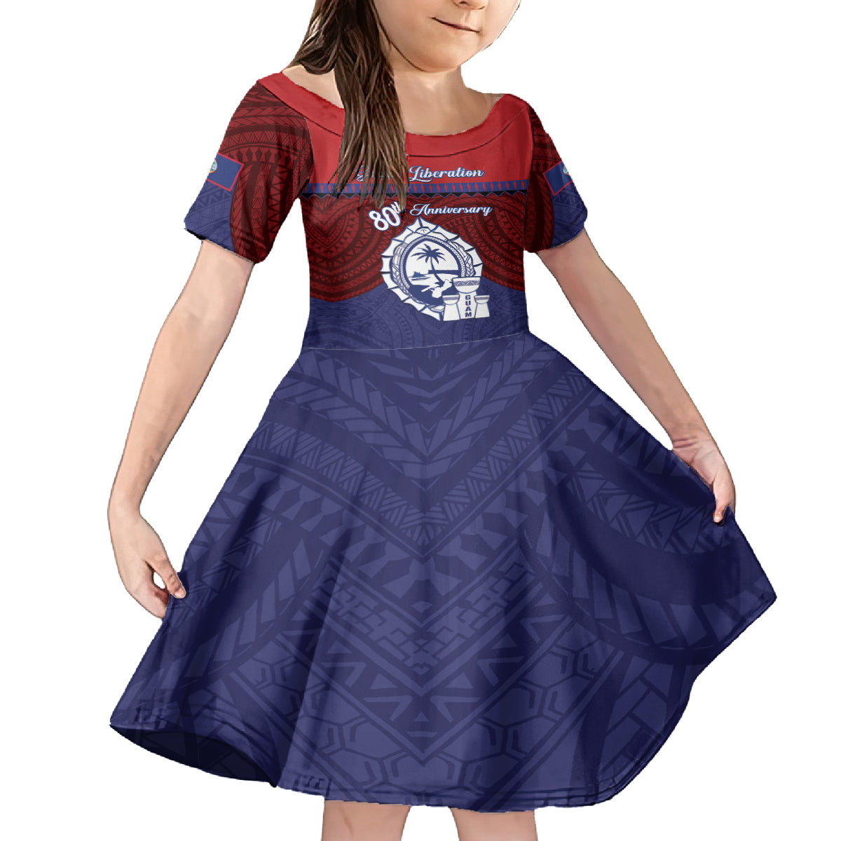 Guam Liberation Day Family Matching Off Shoulder Short Dress and Hawaiian Shirt Biba Guahan Chamorro 80th Anniversary - Blue LT14 Daughter's Dress Blue - Polynesian Pride