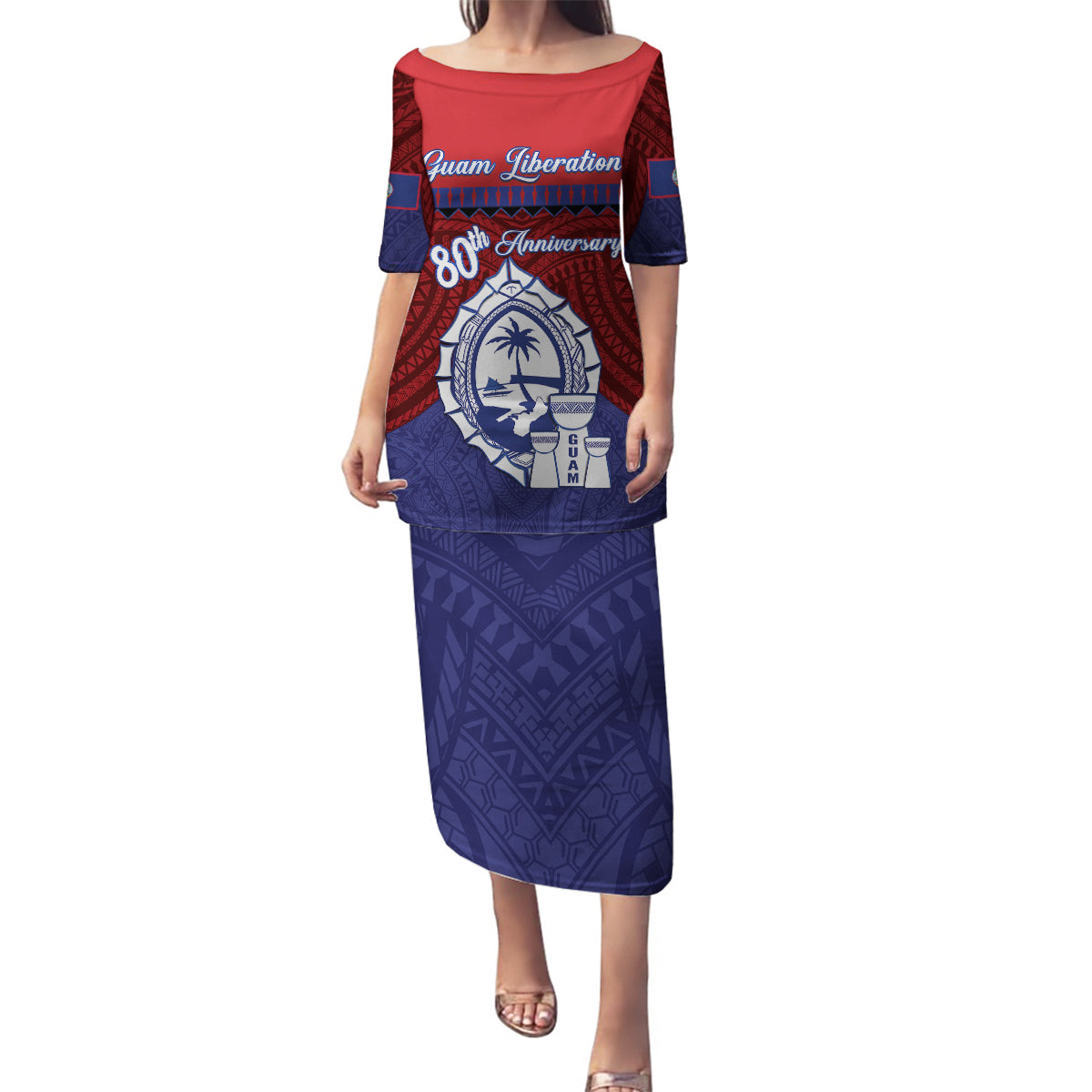 Guam Liberation Day Family Matching Puletasi and Hawaiian Shirt Biba Guahan Chamorro 80th Anniversary - Blue LT14 Mom's Dress Blue - Polynesian Pride