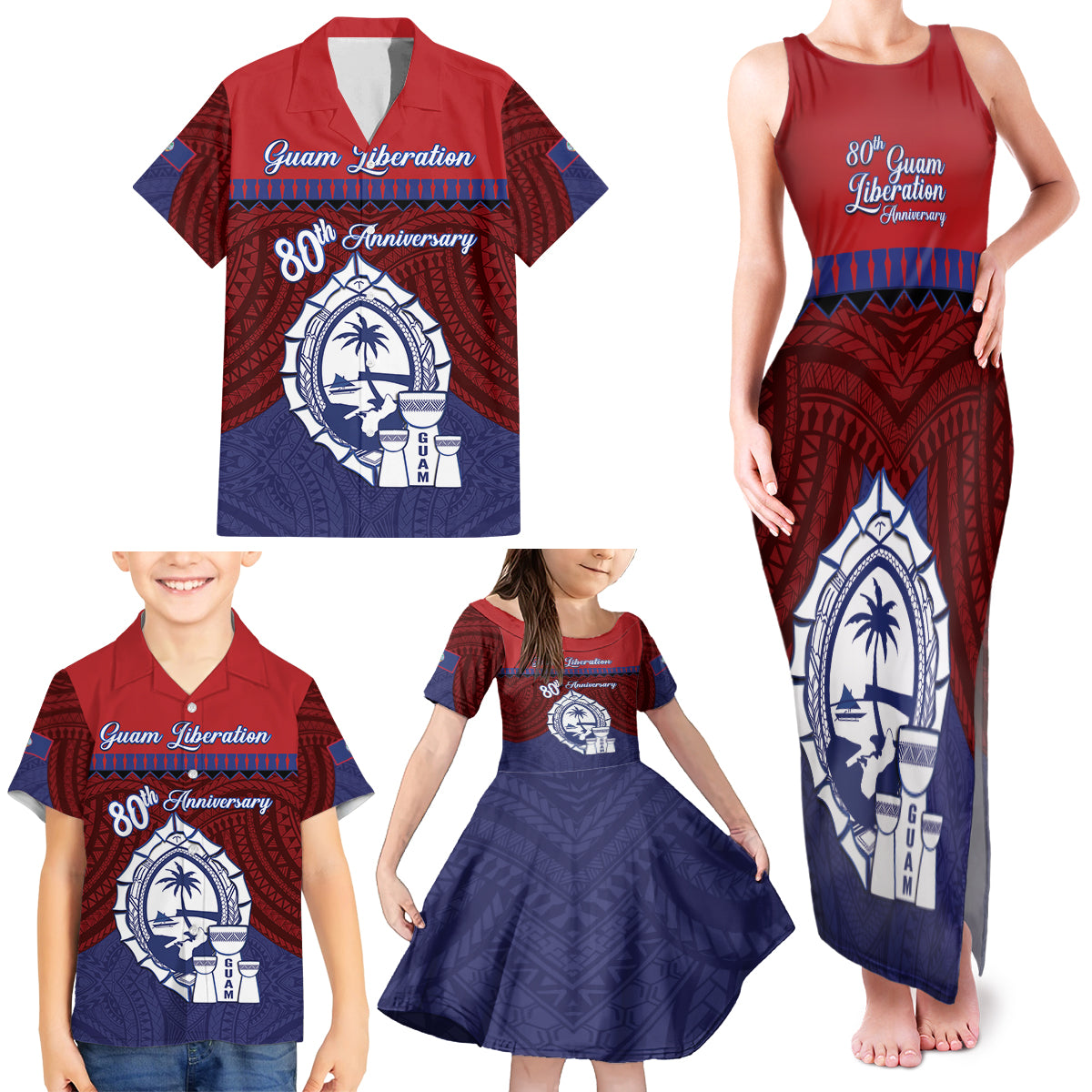 Guam Liberation Day Family Matching Tank Maxi Dress and Hawaiian Shirt Biba Guahan Chamorro 80th Anniversary - Blue LT14 - Polynesian Pride